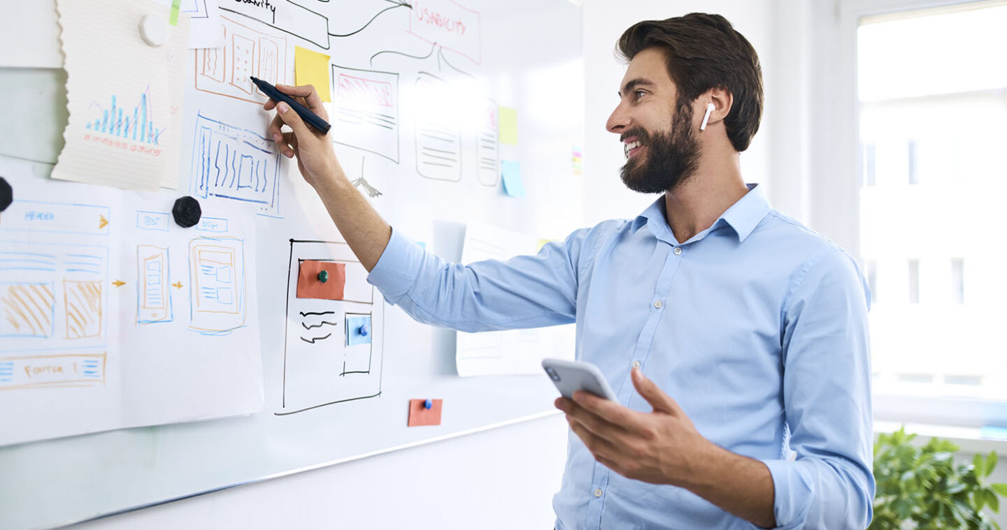 Businessman standing in front of a whiteboard using his smartphone and making notes on a whiteboard